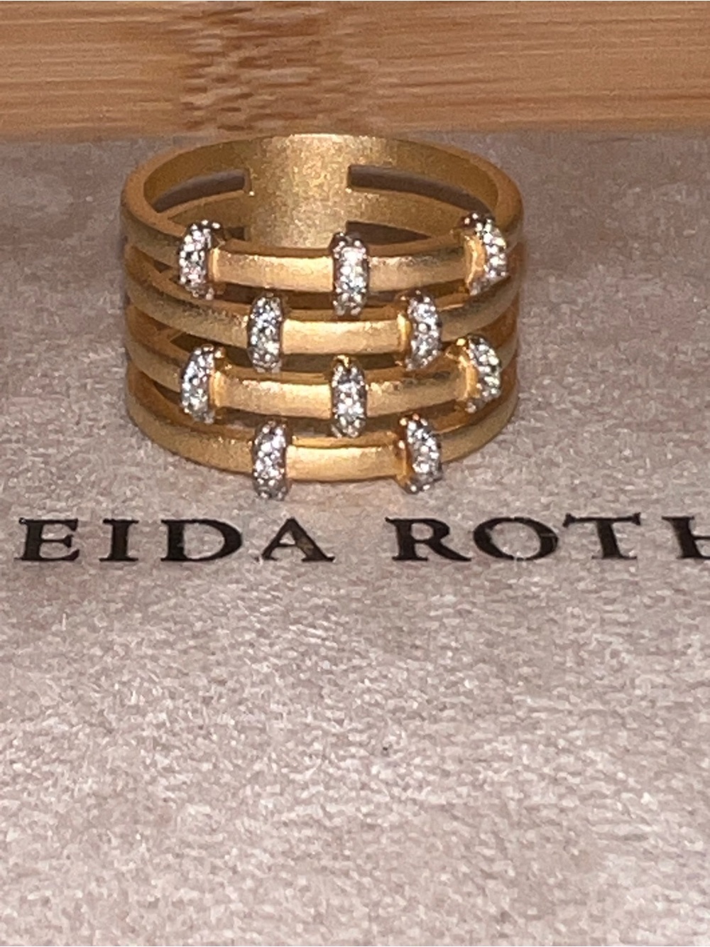Freida Rothman Style Gold-Tone Multi-Row Ring with Crystal Accents